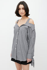 Prada Black & White Gingham Off The Shoulder Shirt