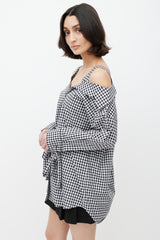 Prada Black & White Gingham Off The Shoulder Shirt