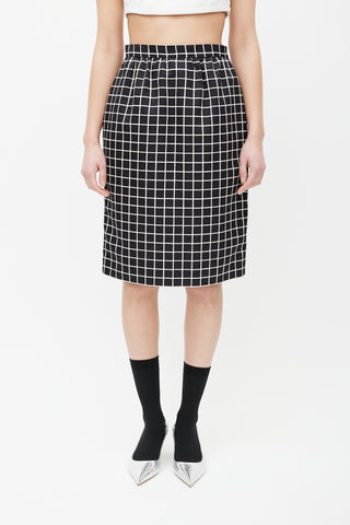 Prada Black & White Windowpane Wool Skirt
