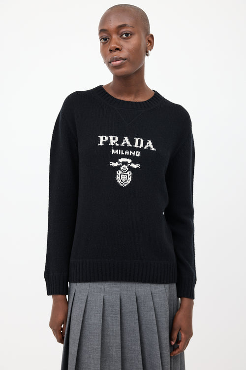 Prada Black & White Wool & Cashmere Logo Sweater