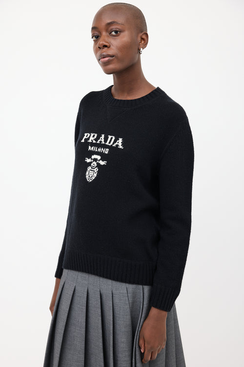 Prada Black & White Wool & Cashmere Logo Sweater