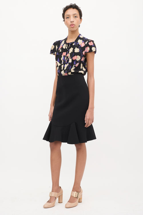 Prada Black Wool Flounce Midi Skirt