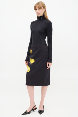 Prada Black & Yellow Cotton Floral Midi Skirt