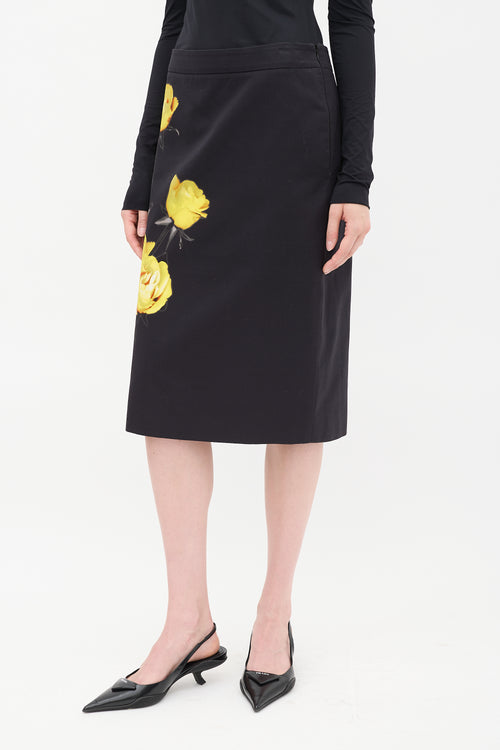 Prada Black & Yellow Cotton Floral Midi Skirt