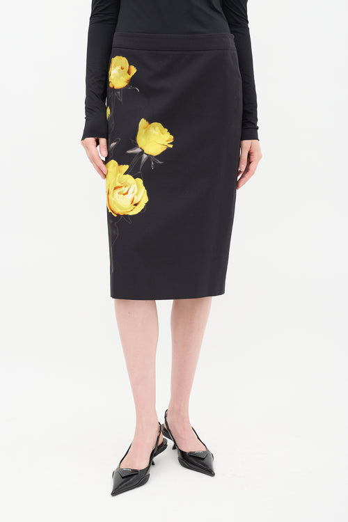 Prada Black & Yellow Cotton Floral Midi Skirt