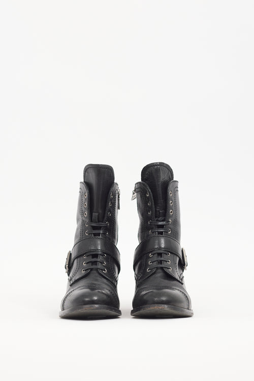 Prada Black Leather Buckled Combat Boot