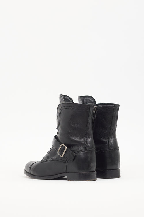 Prada Black Leather Buckled Combat Boot