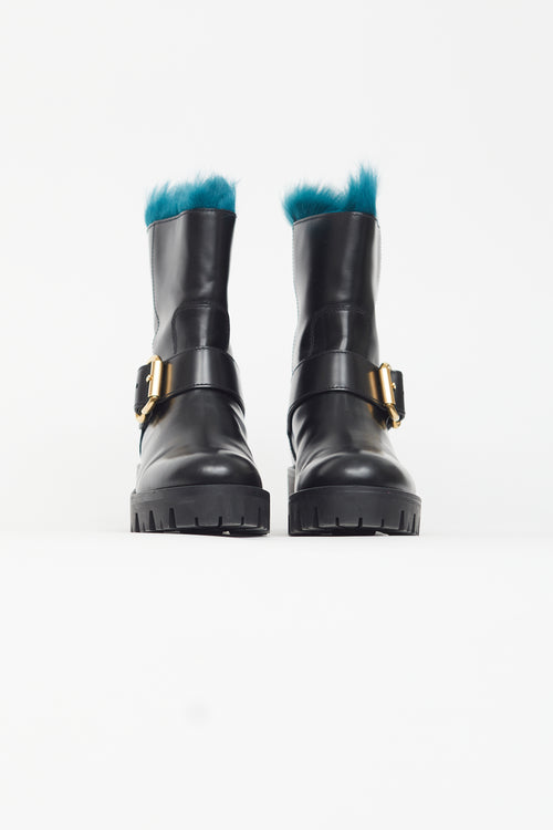 Prada Black Leather & Blue Fur Boot