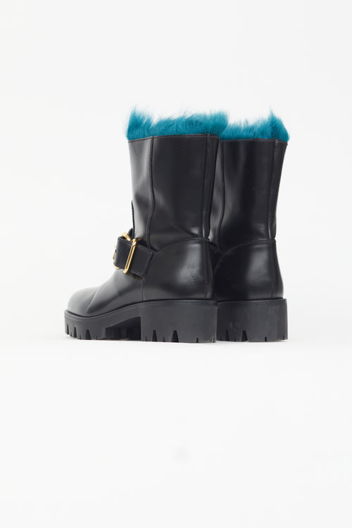 Prada Black Leather & Blue Fur Boot