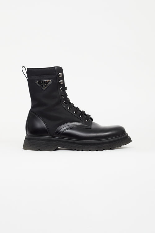 Prada Black Brushed Rois Leather & Nylon Combat Boot