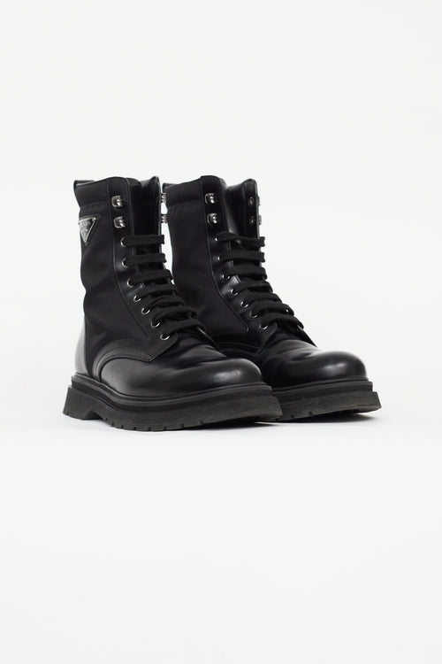 Prada Black Brushed Rois Leather & Nylon Combat Boot