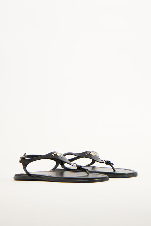 Prada Black Patent Leather Logo T-Strap Sandal