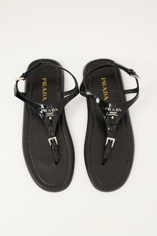 Prada Black Patent Leather Logo T-Strap Sandal