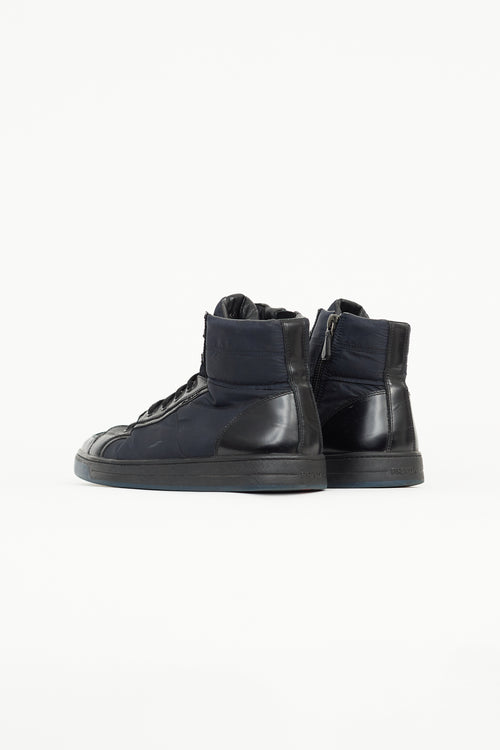 Prada Black & Navy Patent & Nylon High Top Sneaker