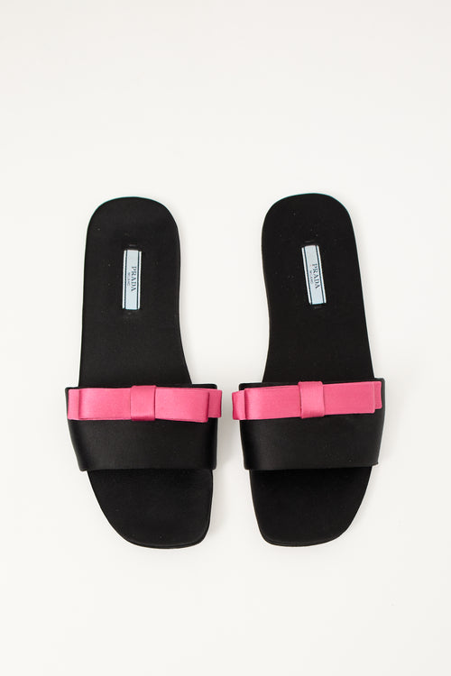 Prada Black & Pink Satin Bow Slide