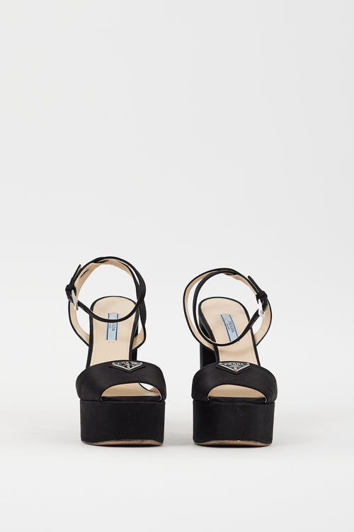Prada Black Satin Triangle Logo Platform Heel