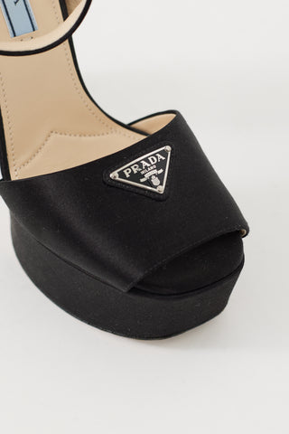 Prada Black Satin Triangle Logo Platform Heel
