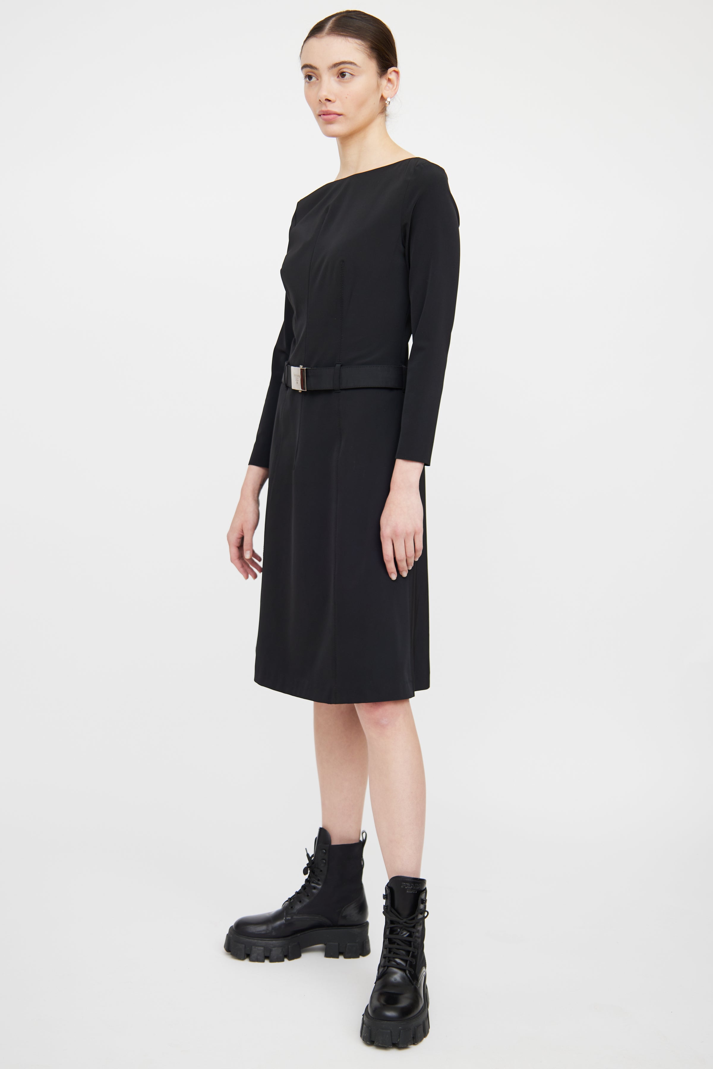 prada long sleeve dress PRADA Size 10 Black Pleated Silk Lace Top Long Sleeve Cocktail Dress Sui Generis Designer Consignment