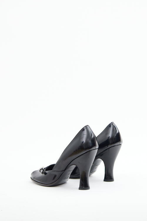 Prada Black Buckle Peep Toe Pump