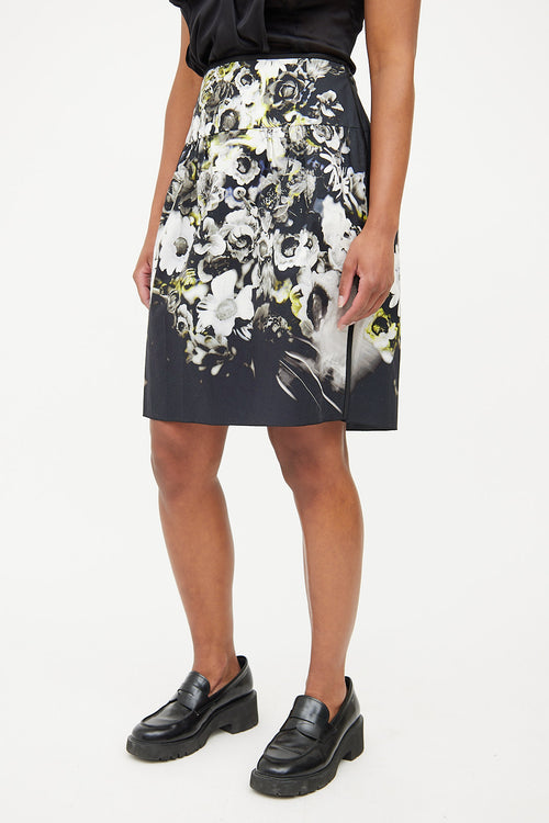 Prada Black, White & Yellow Floral Print Skirt