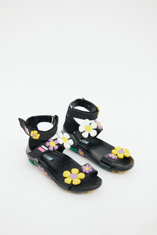 Prada Black Rubber Flower Flat  Sandal