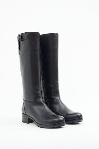 Prada Black Leather Buckle Riding Boot