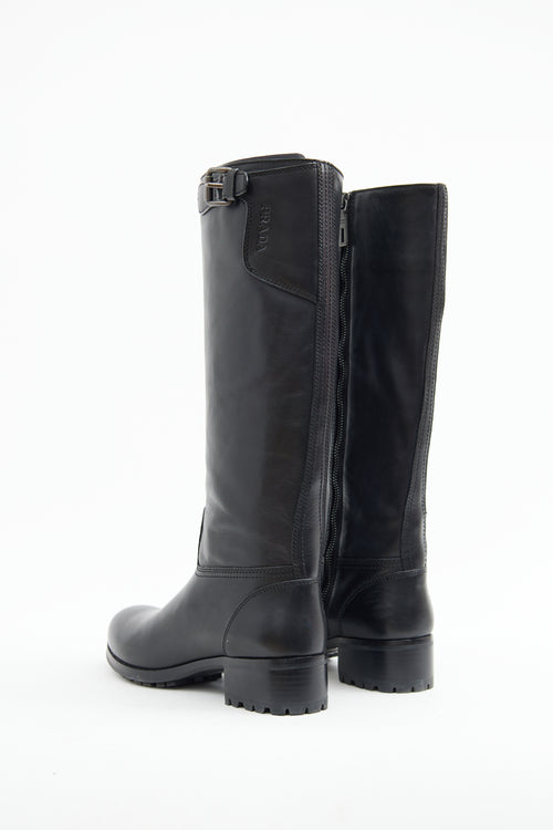 Prada Black Leather Buckle Riding Boot