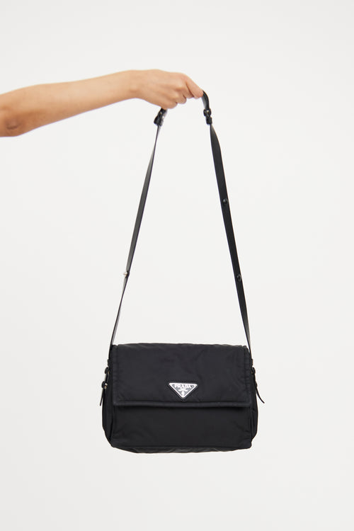 Black Padded Re-Nylon Shoulder Bag