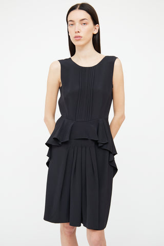 Black Silk Pleated Ruffle Dress Prada