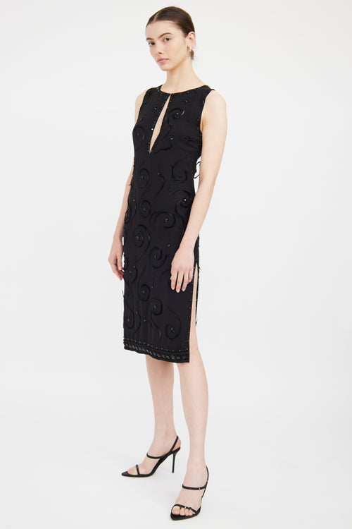 Prada Black Silk Bead & Feather Detail Dress