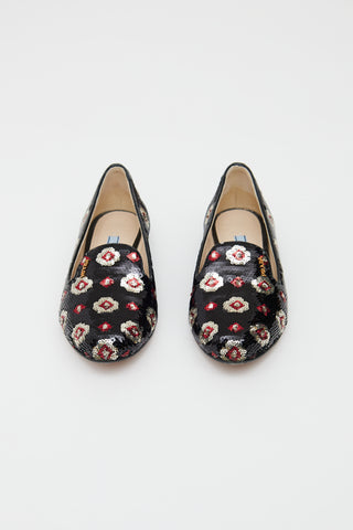 Prada Red Black & Silver Floral Sequin Loafers