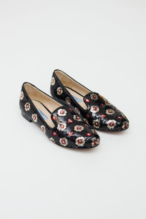 Prada Red Black & Silver Floral Sequin Loafers