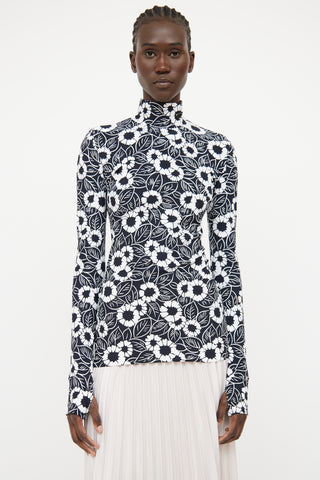 Prada 21 Black & White Floral Highneck Top