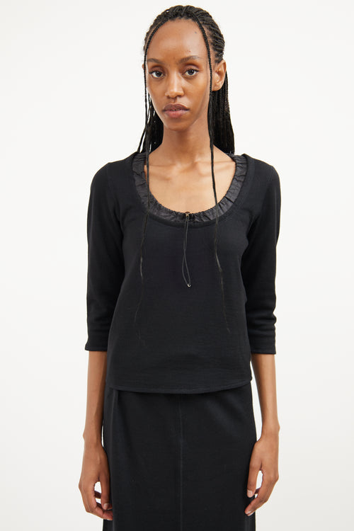 Prada Black Nylon Wool Drawstring Long Sleeve Top