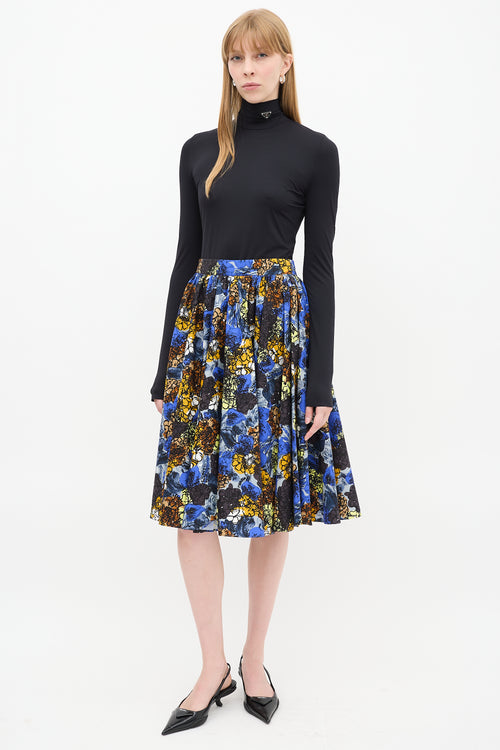 Prada Blue & Multicolour Cotton Floral Gathered Midi Skirt