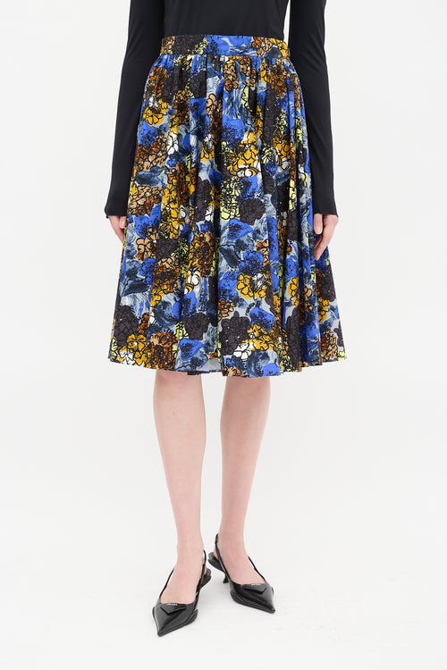 Prada Blue & Multicolour Cotton Floral Gathered Midi Skirt