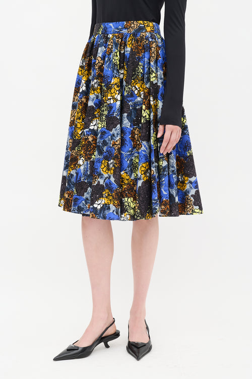 Prada Blue & Multicolour Cotton Floral Gathered Midi Skirt