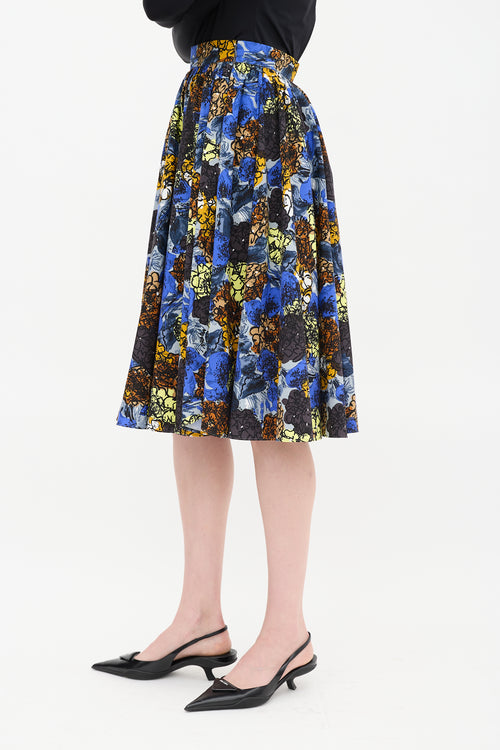 Prada Blue & Multicolour Cotton Floral Gathered Midi Skirt