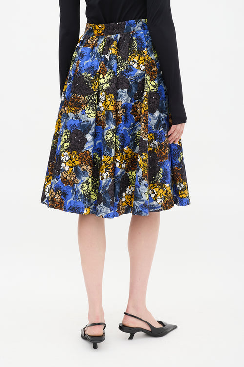 Prada Blue & Multicolour Cotton Floral Gathered Midi Skirt