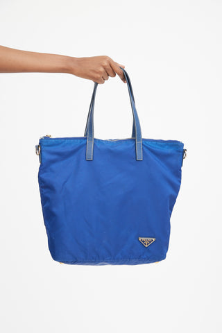 Blue Nylon & Leather Two Way Tote Bag