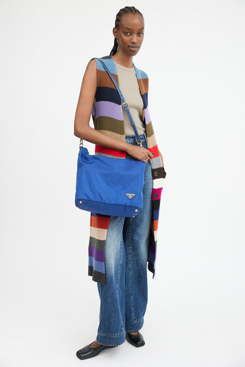 Blue Nylon & Leather Two Way Tote Bag