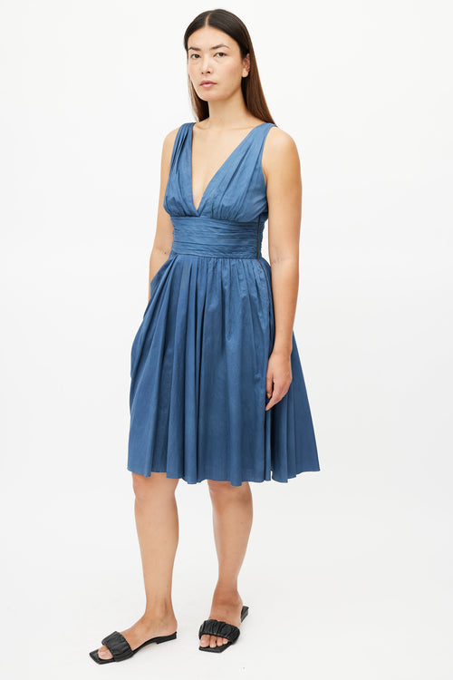 Prada Blue Pleated V-Neck Dress