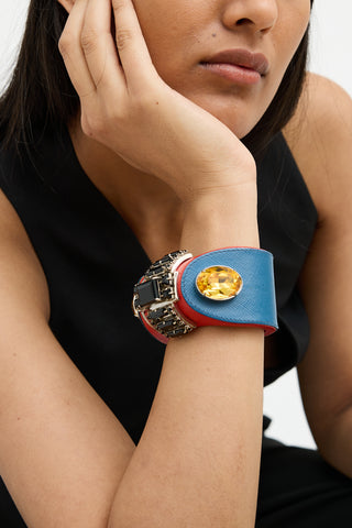 Prada Blue & Red Embellished Saffiano Cuff