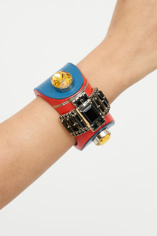 Prada Blue & Red Embellished Saffiano Cuff