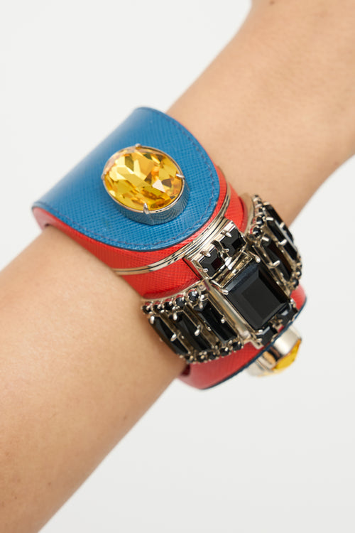 Prada Blue & Red Embellished Saffiano Cuff