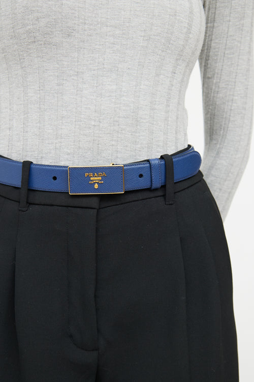 Prada Navy Saffiano Leather Logo Belt