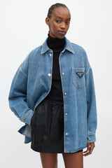 Prada Blue & Silver Denim Oversized Distressed Logo Shirt