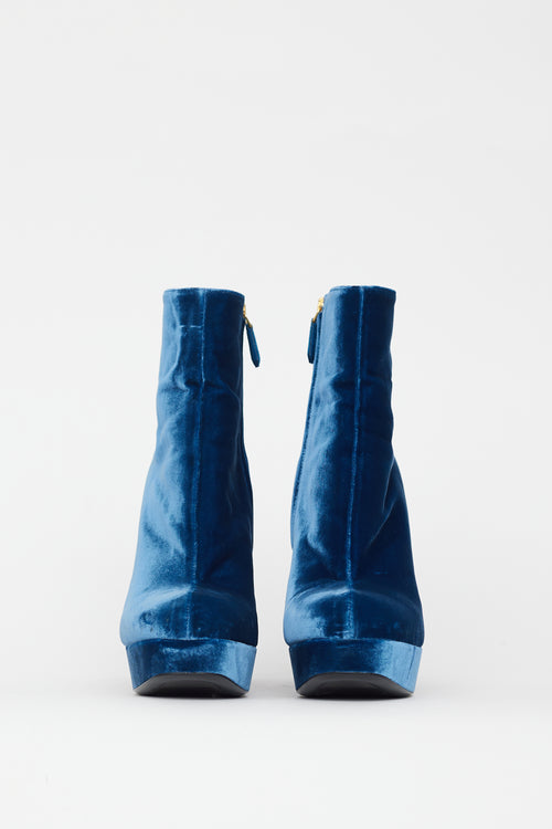 Prada Blue Velvet Platform Heel Boot