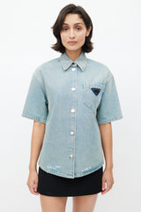 Prada Blue Washed Distressed Denim Logo Shirt