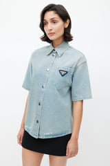 Prada Blue Washed Distressed Denim Logo Shirt
